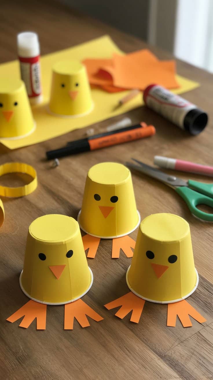 Gelbe Küken aus bemalten Pappbechern mit ausgeschnittenen Füßen auf einem Basteltisch