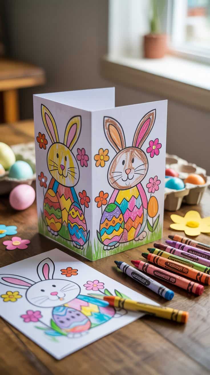 Selbstgemalte Osterkarte mit zwei Hasen und bunten Ostereiern auf einem Basteltisch