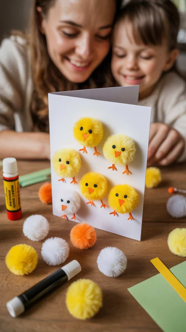 Frau und Kind betrachten eine Osterkarte mit kleinen gelben Pompon-Küken