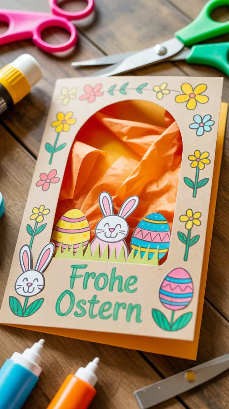 Gebastelte Osterkarte mit Hasen, Ostereiern und der Aufschrift „Frohe Ostern“