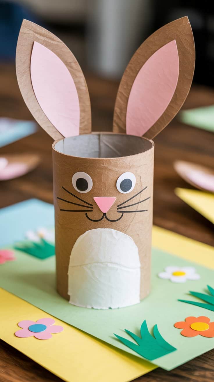 Osterhase aus einer leeren Papprolle mit Papierohren und aufgemaltem Gesicht