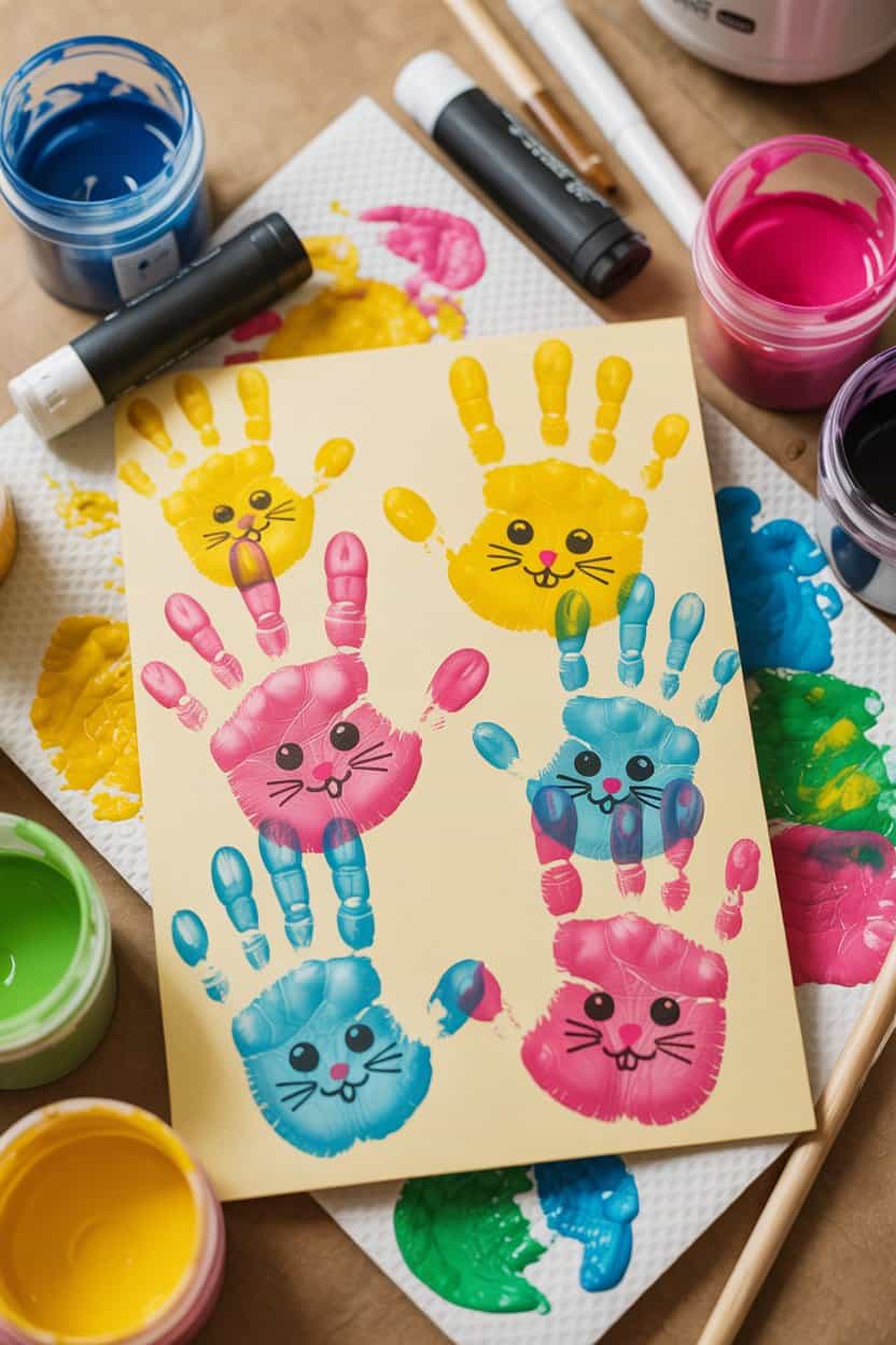 Osterkarte mit bunten Handabdruck-Hasen aus Fingerfarben auf Papier