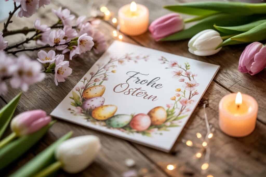 Osterkarte mit der Aufschrift „Frohe Ostern“, umgeben von Tulpen, Kerzen und Frühlingsblüten auf Holztisch.