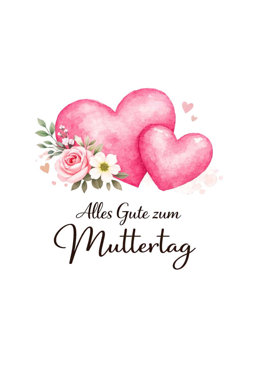 Muttertags-Pin mit zwei rosa Aquarellherzen, kleinen Blumen und dem Schriftzug „Alles Gute zum Muttertag“ auf hellem Hintergrund.
