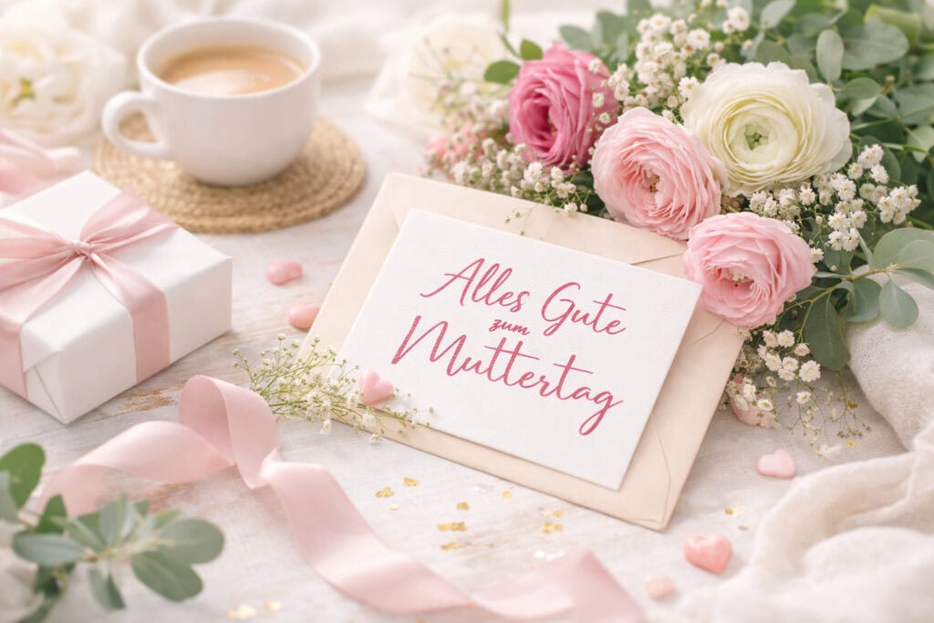 Grußkarte mit der Aufschrift „Alles Gute zum Muttertag“ auf einem Umschlag, umgeben von rosa Blumen, Geschenkbox und Kaffeetasse auf hellem Holztisch.