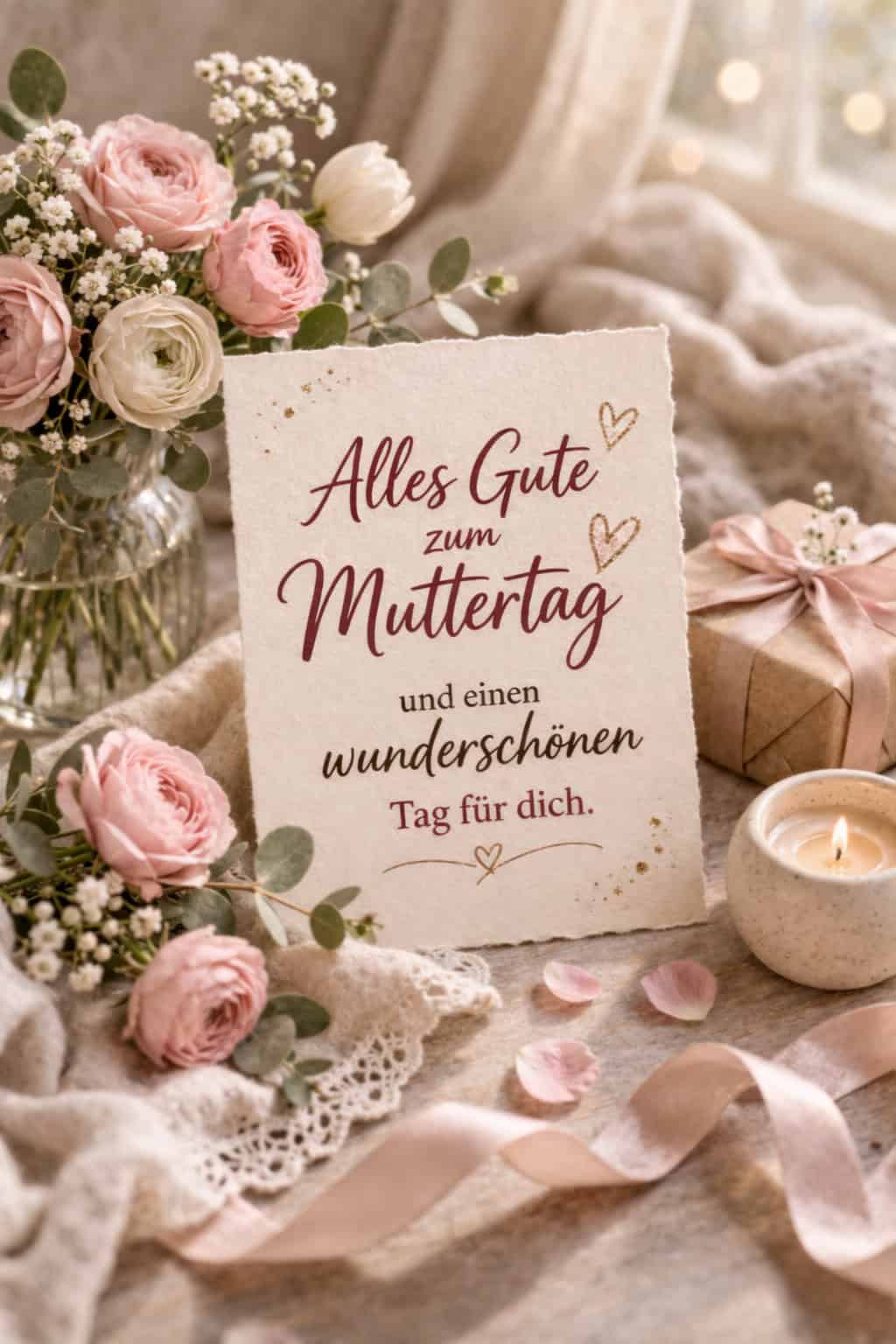 Muttertags-Pin mit Spruch auf heller Karte, umgeben von rosa Blumen, Geschenkbox, Kerze und Blütenblättern in warmen Naturtönen.