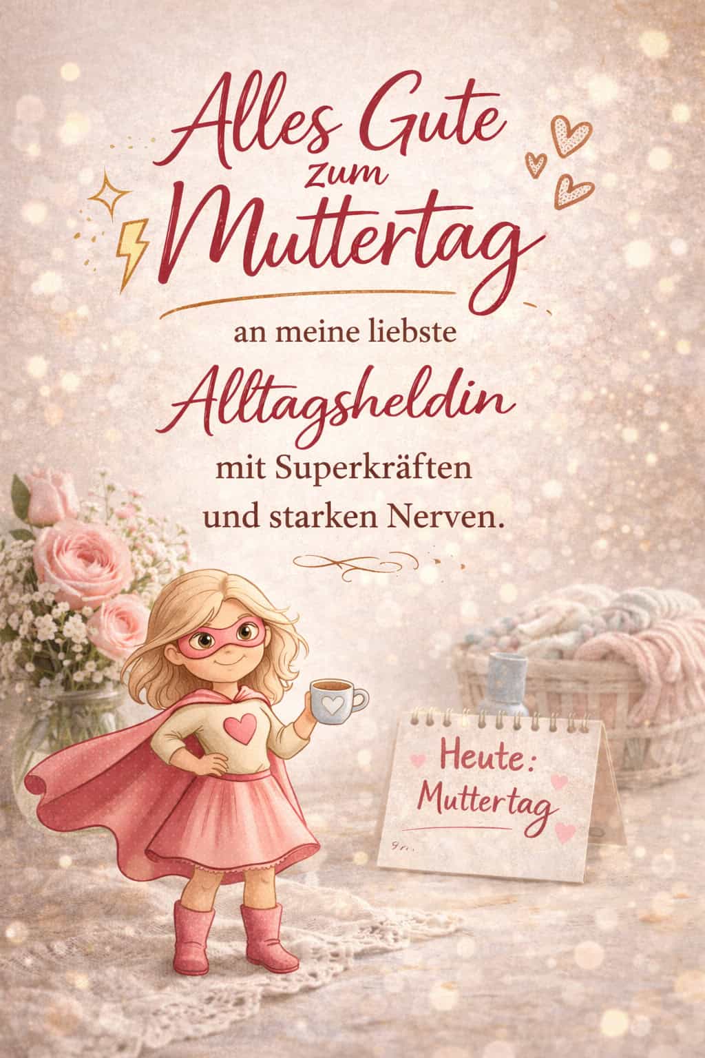 Illustration eines Muttertags-Pins mit kleiner Superheldin in Rosa, Blumenstrauß und Spruch für eine Alltagsheldin auf hellem, glitzernden Hintergrund.