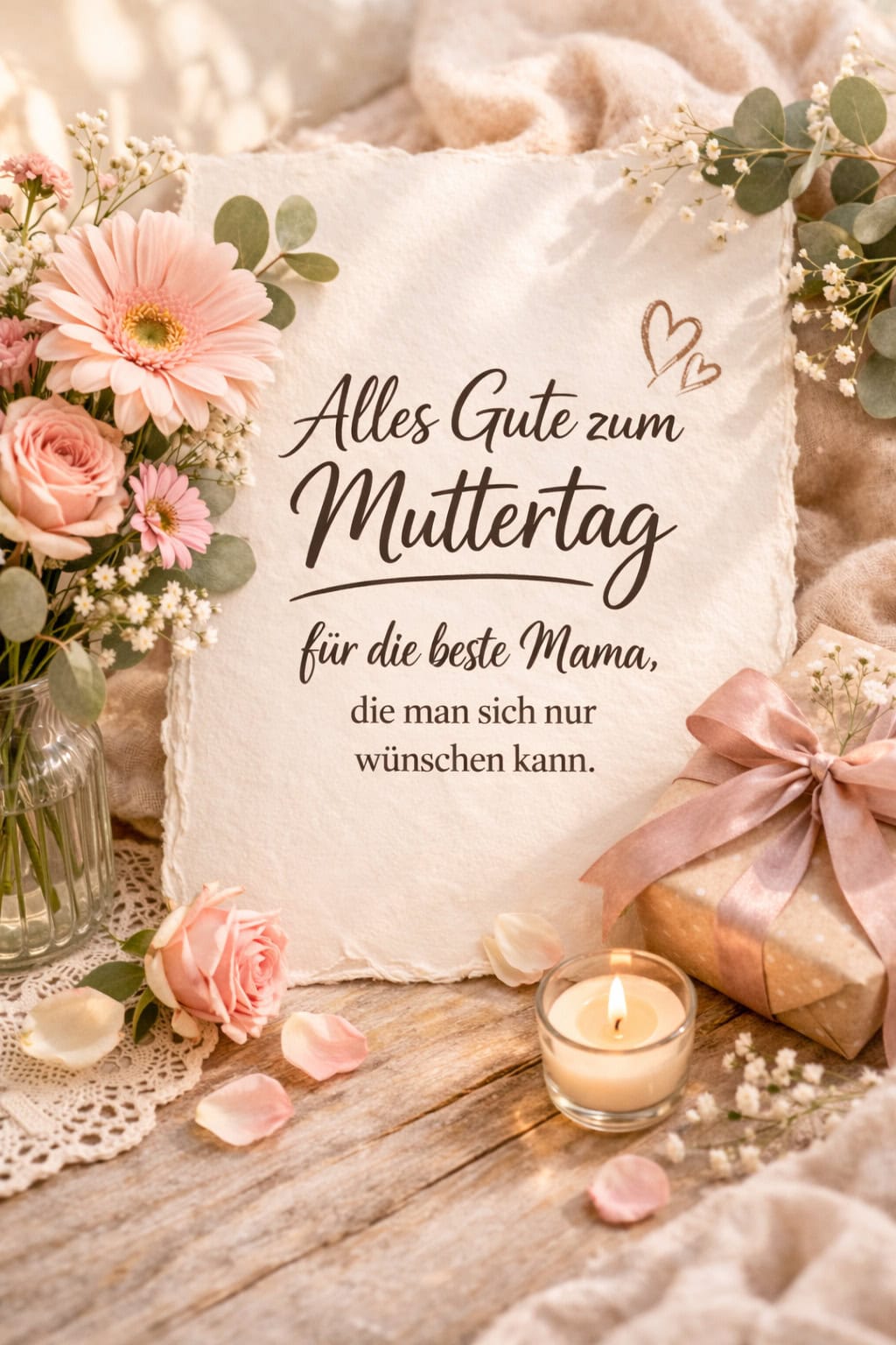 Muttertags-Pin mit handgeschriebenem Spruch auf hellem Papier, umgeben von rosa Blumen, Geschenkbox, Kerze und zarten Blütenblättern in warmen Naturtönen.