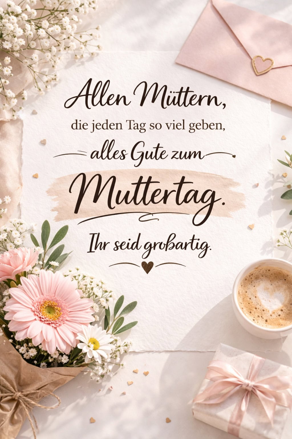 Muttertags-Pin mit hellem Papierhintergrund, Blumenstrauß, rosa Umschlag, Geschenk und Kaffeetasse sowie dem Spruch für alle Mütter in dunkelbrauner Schrift.