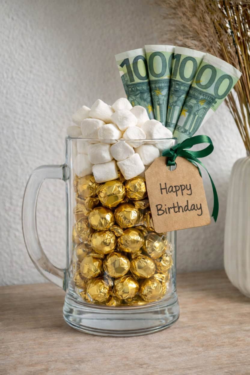 DIY Geldgeschenk Mann Geburtstag im Bierglas mit Geldscheinen, Schokolade und Marshmallows.