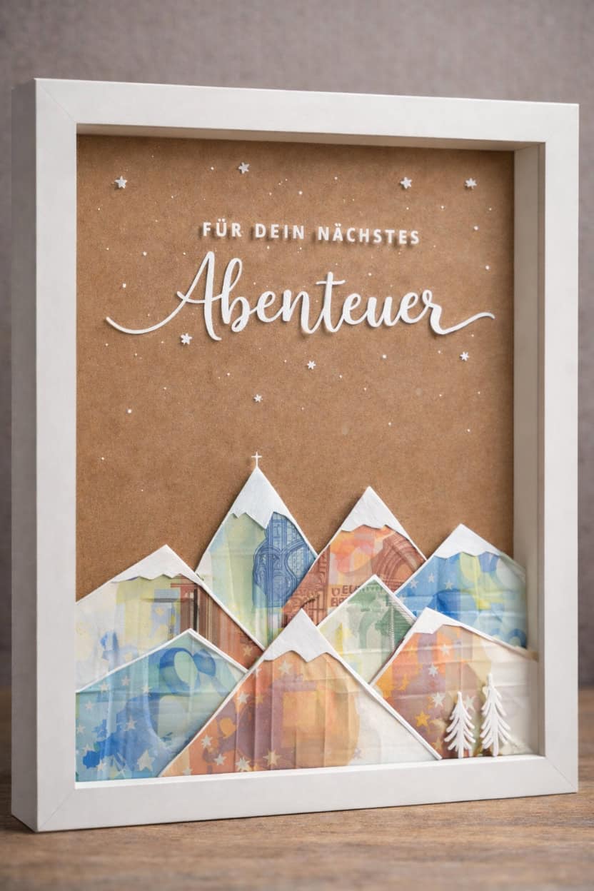 Kreatives Geldgeschenk Mann Geburtstag im Bilderrahmen mit gefalteten Geldscheinen als Berglandschaft.