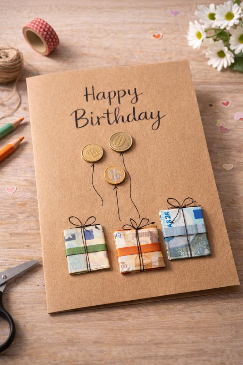 Kreative Geldgeschenke Mann Geburtstag mit gefalteten Geldscheinen als kleine Geschenkboxen auf Geburtstagskarte.