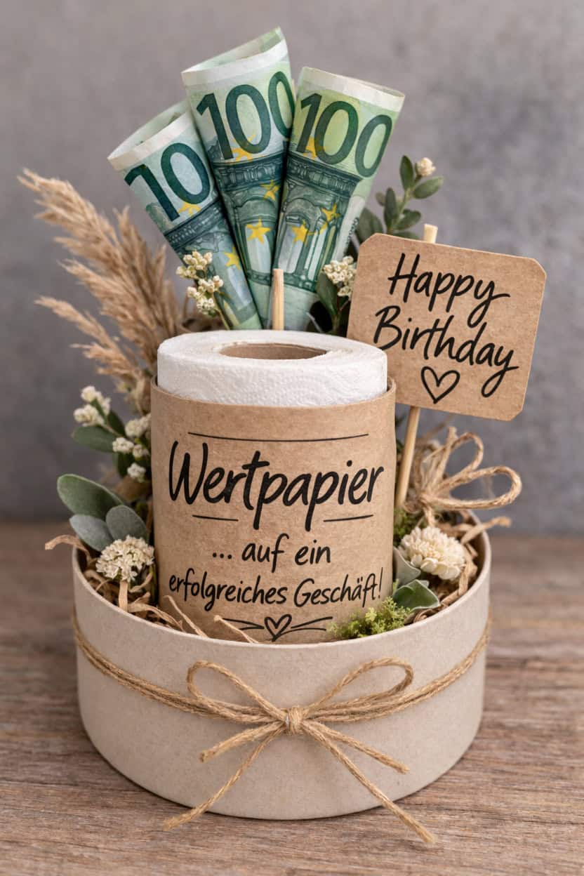 Lustiges Geldgeschenk Mann Geburtstag mit Toilettenpapierrolle als „Wertpapier“ und gefalteten Geldscheinen.