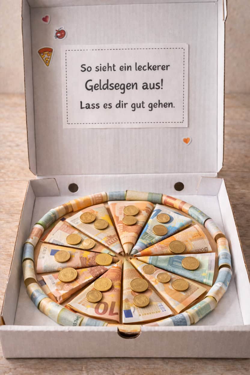 Kreatives Geldgeschenk Mann Geburtstag als Pizza aus gefalteten Geldscheinen und Münzen.