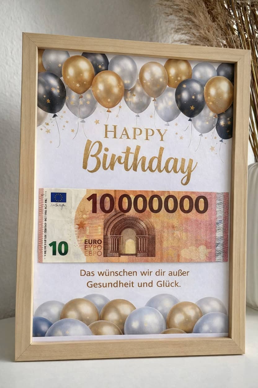 Dekoratives Geldgeschenk Mann Geburtstag im Bilderrahmen mit Geldschein und Geburtstagsgruß.