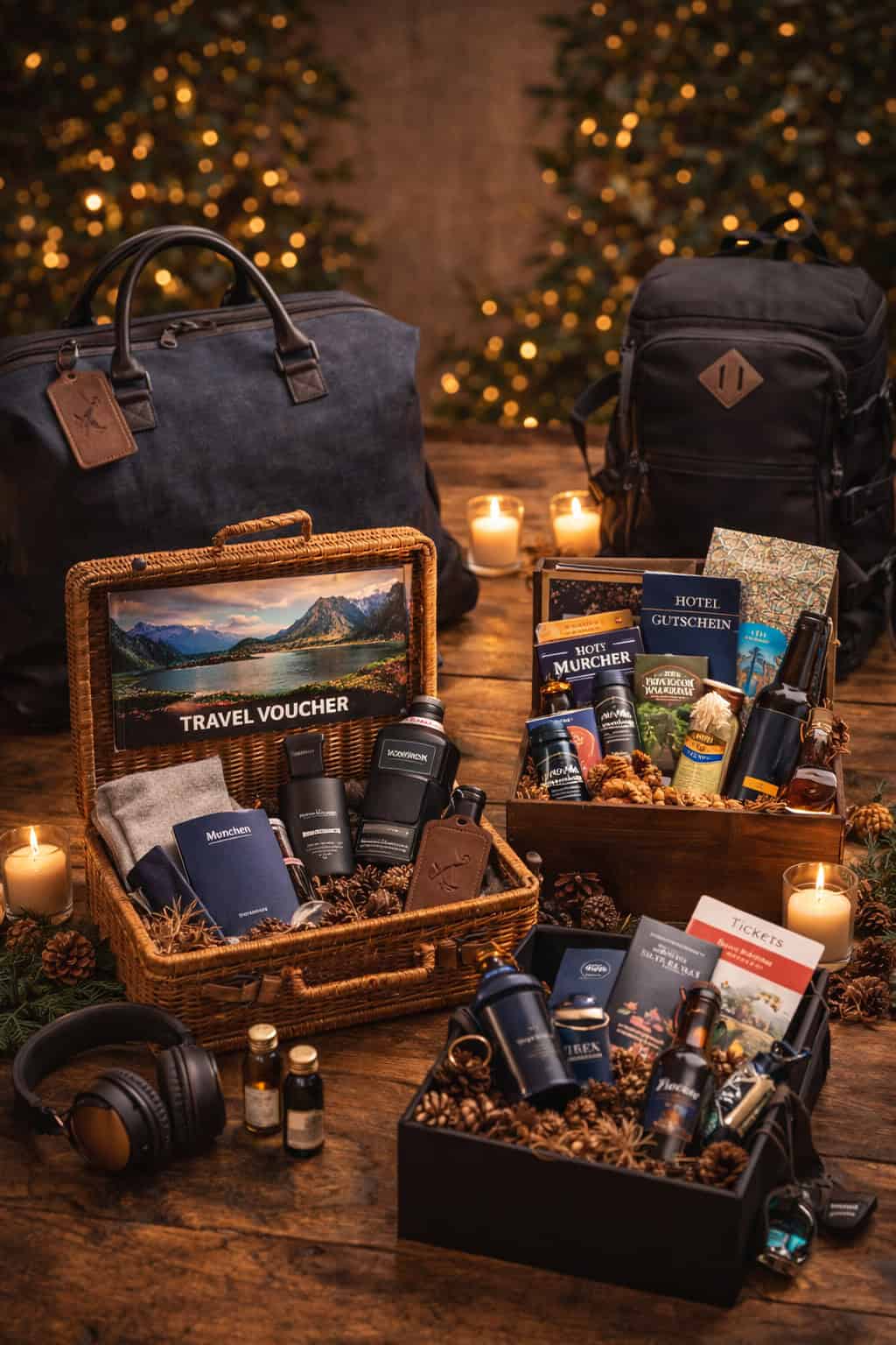 Geschenk 30 Geburtstag Mann mit Reisegutschein, Reiseaccessoires und Geschenkboxen.