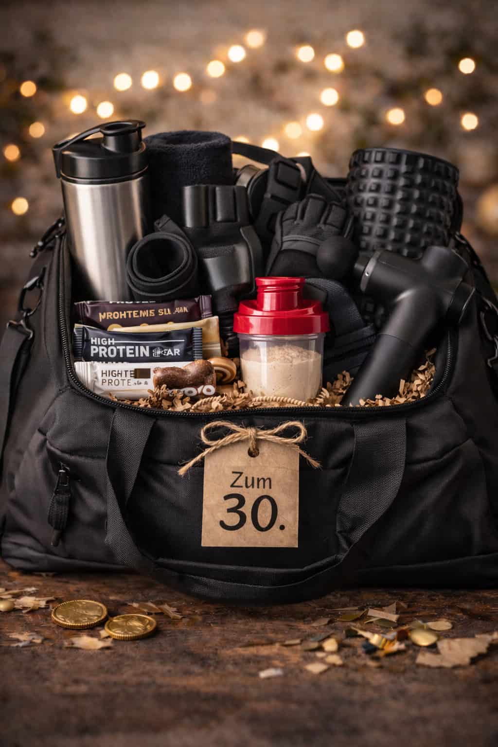 Sportliches Geschenk 30 Geburtstag Mann mit Fitnesszubehör in Sporttasche.