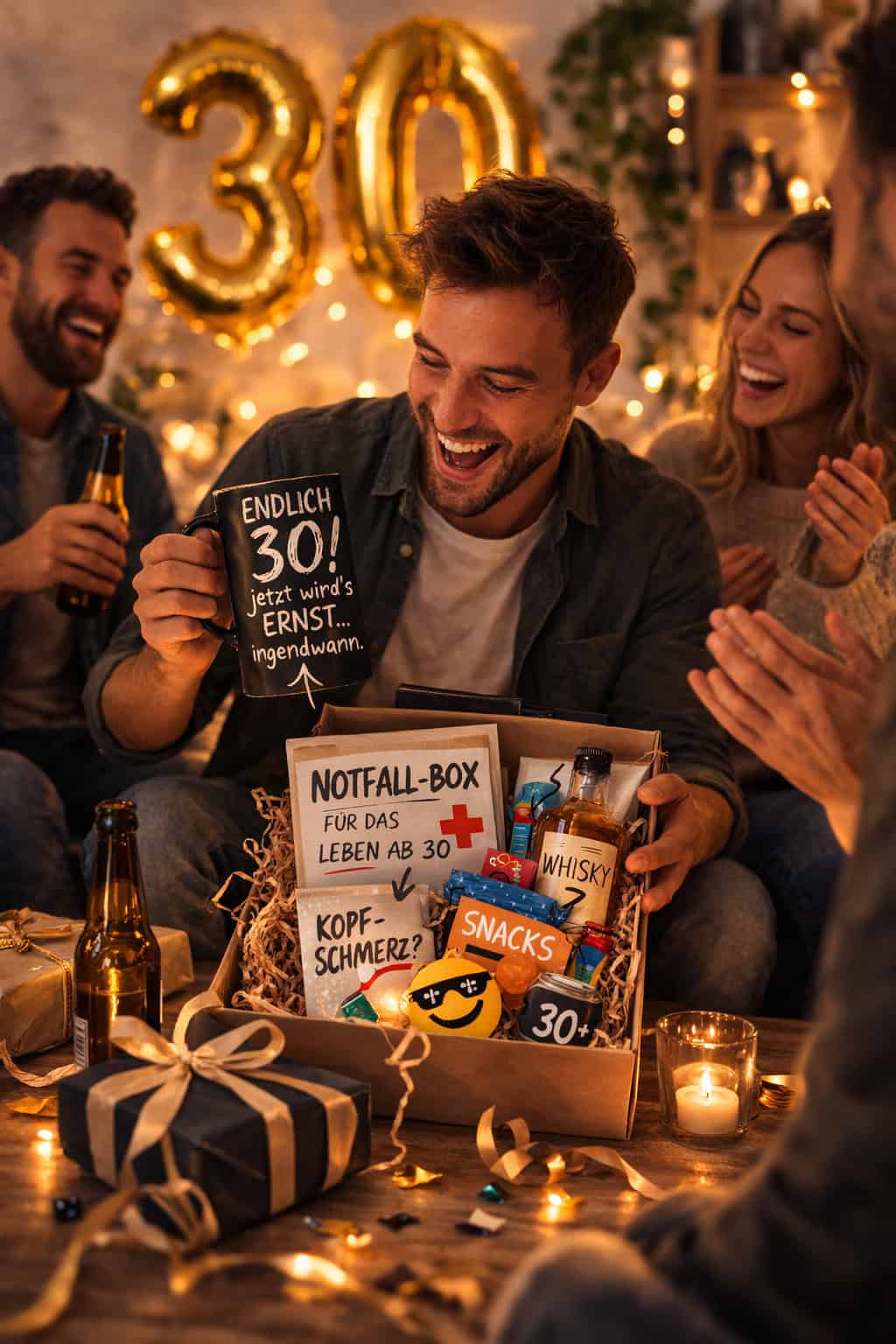 Lustiges Geschenk 30 Geburtstag Mann mit Notfallbox und humorvoller Tasse bei Geburtstagsfeier.