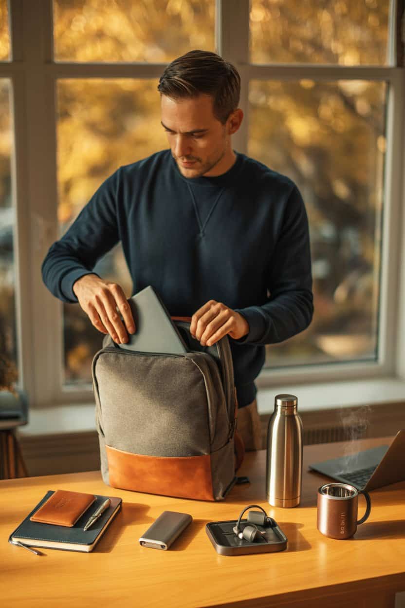Mann packt Laptop in Rucksack neben praktischen Alltagsaccessoires als Geschenkidee zum Geburtstag.