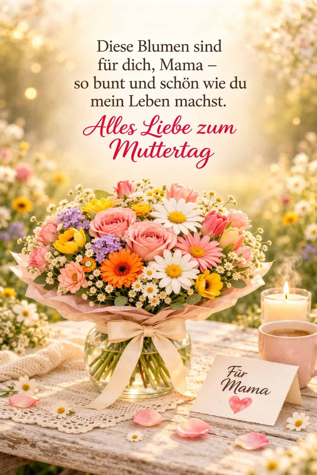 Bunter Blumenstrauß auf hellem Tisch mit Kerze und Karte „Für Mama“, darüber ein Muttertagsgruß in dunkler und rosafarbener Schrift.