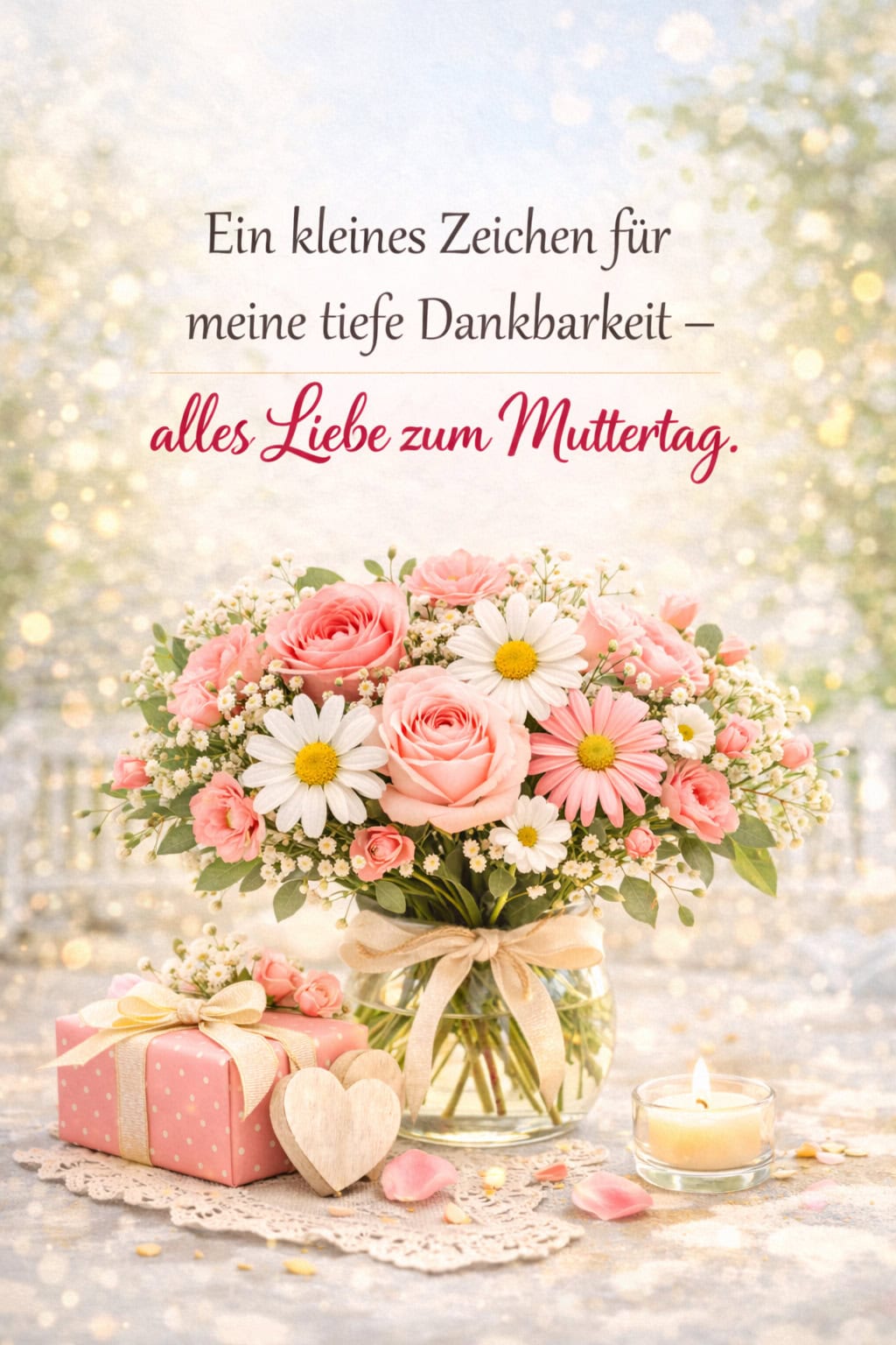 Muttertagsbild mit Blumenstrauß aus Rosen und Margeriten in einer Vase, daneben ein Geschenk, ein Herz aus Holz und eine Kerze. Der Text lautet: „Ein kleines Zeichen für meine tiefe Dankbarkeit – alles Liebe zum Muttertag.“