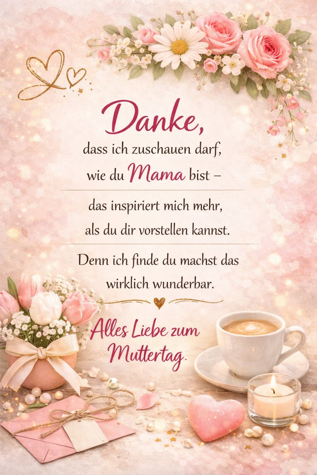 Muttertagskarte in warmen Rosatönen mit Blumen, Herz, Kerze und einer Tasse Kaffee. Darauf steht ein liebevoller Text: „Danke, dass ich zuschauen darf, wie du Mama bist – das inspiriert mich mehr, als du dir vorstellen kannst. Denn ich finde, du machst das wirklich wunderbar. Alles Liebe zum Muttertag.“