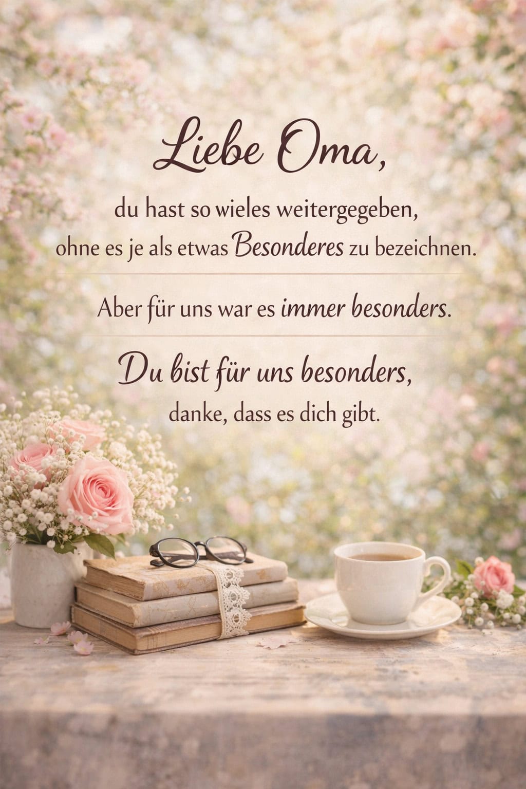 Ein dekoratives Bild mit einem Blumenhintergrund. Unten stehen ein Stapel Bücher, eine Brille und eine Tasse Kaffee. Der Text beginnt mit „Liebe Oma“ und bedankt sich dafür, dass sie immer für die Familie da ist und besonders ist.
