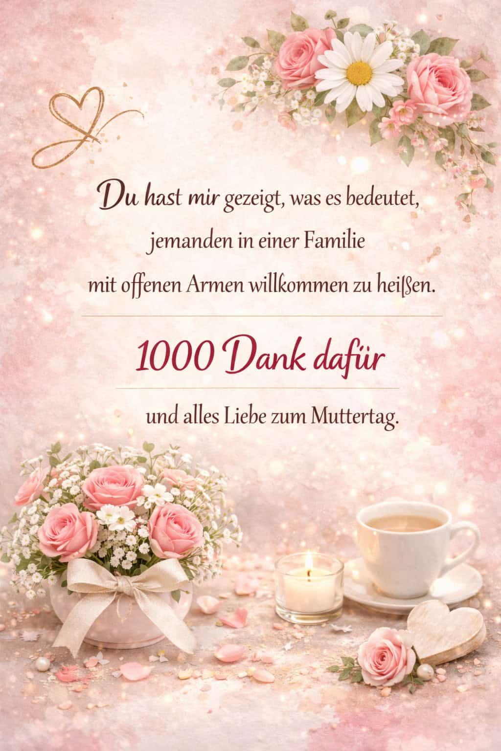 Ein dekoratives Muttertagsbild in Rosa mit Blumen, einer Kerze und einer Tasse Kaffee. Der Text bedankt sich dafür, dass jemand gezeigt hat, was es bedeutet, Menschen in einer Familie willkommen zu heißen, und endet mit „1000 Dank dafür und alles Liebe zum Muttertag“.