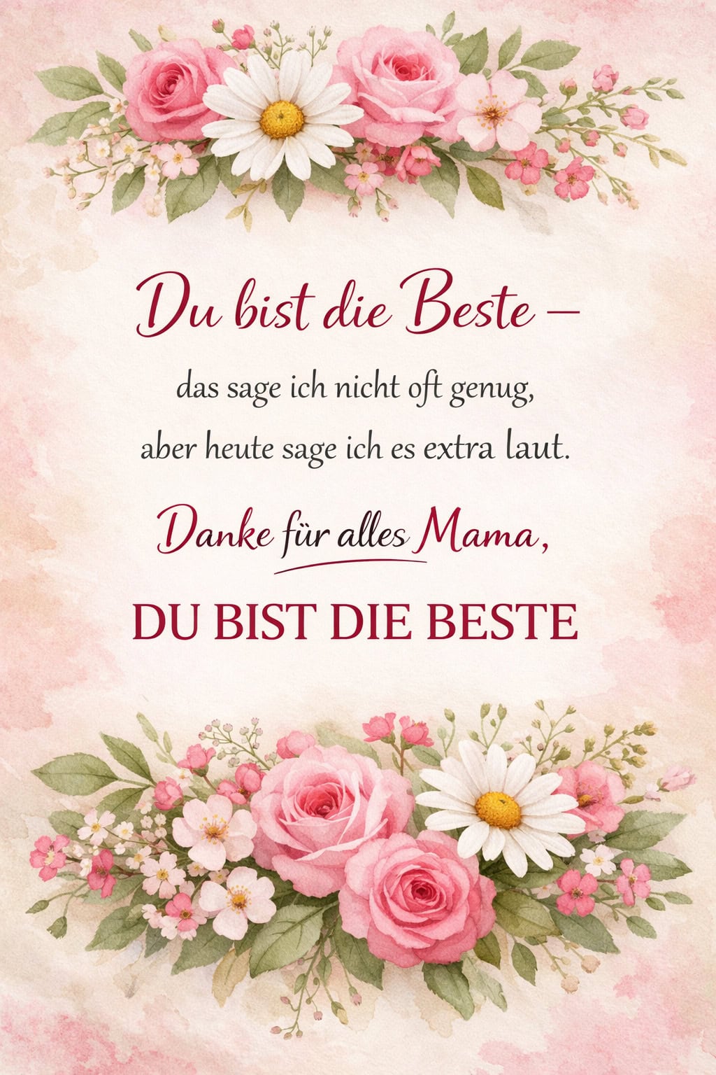 Eine Grußkarte mit rosa Blumenrand oben und unten. In der Mitte steht der Text „Du bist die Beste“ und ein Dank an Mama, dass sie so besonders ist.