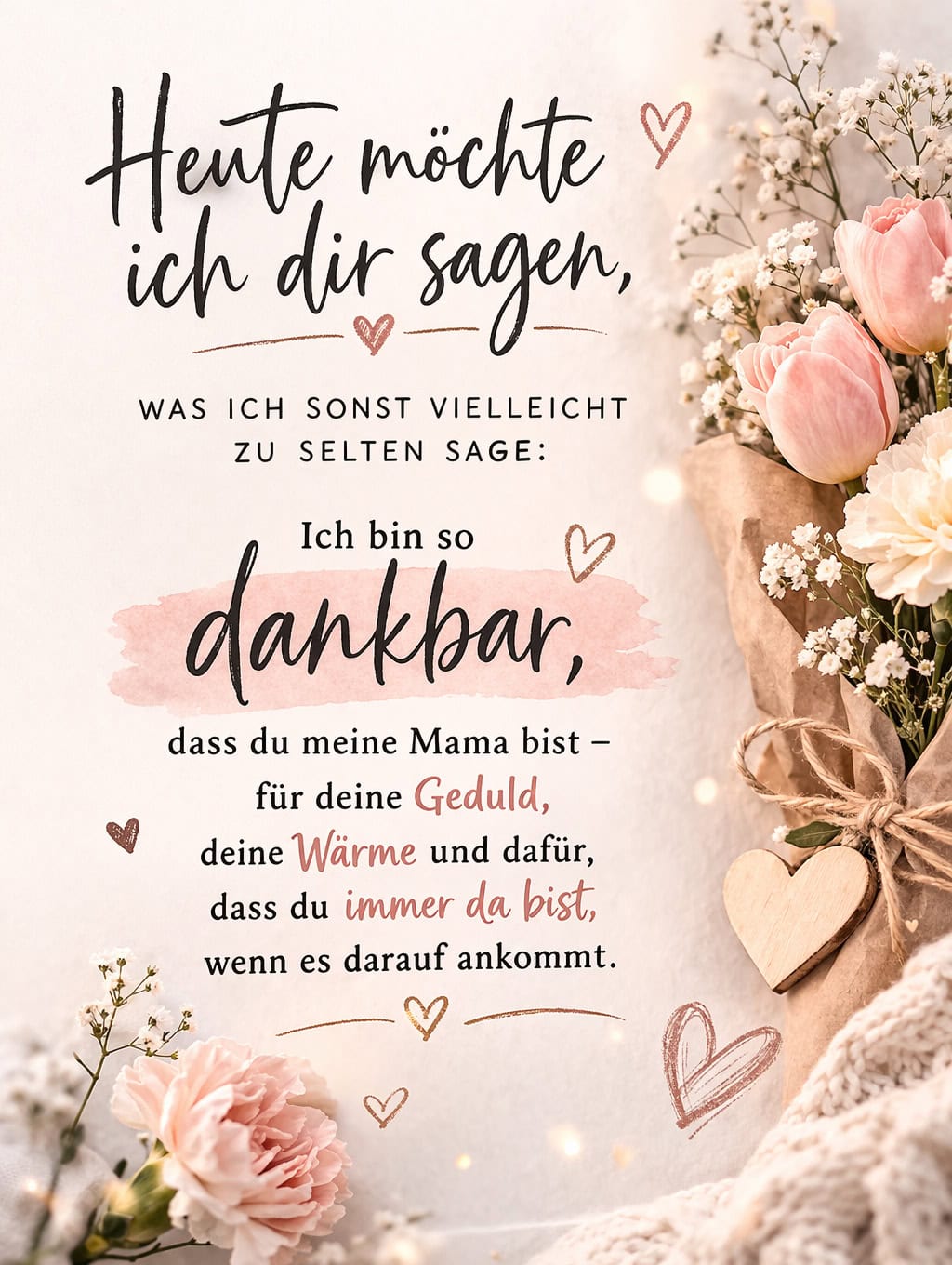 Ein Bild mit Blumen und Herzsymbolen am Rand. Der Text drückt Dankbarkeit gegenüber der Mutter aus und beschreibt, dass sie immer da ist, mit Geduld und Wärme.