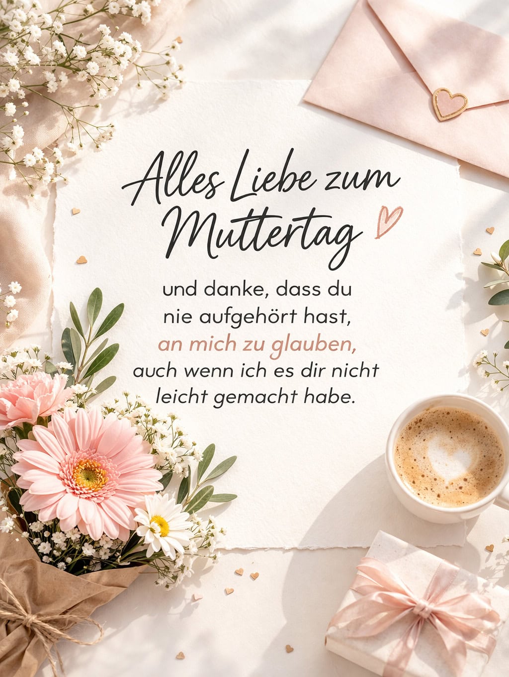 Helle Muttertagskarte mit Blumenstrauß, Umschlag, Geschenk und einer Tasse Kaffee. In der Mitte steht der Text: „Alles Liebe zum Muttertag und danke, dass du nie aufgehört hast, an mich zu glauben, auch wenn ich es dir nicht leicht gemacht habe.“