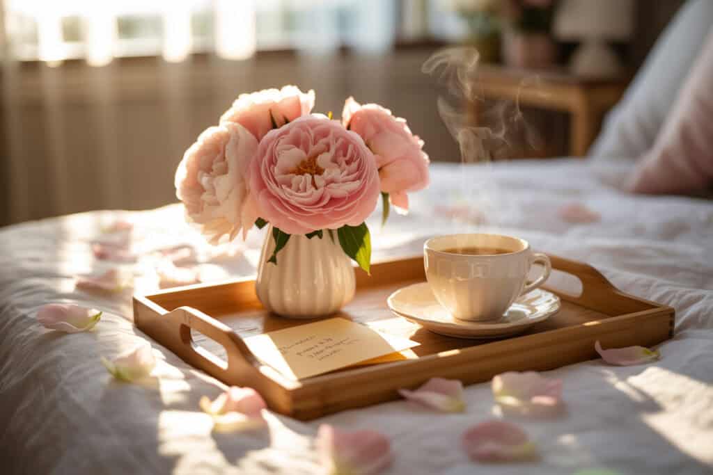 Tablett mit rosa Blumen, Kaffeetasse und Karte auf Bett im Morgenlicht zum Thema schöne Muttertag Sprüche.