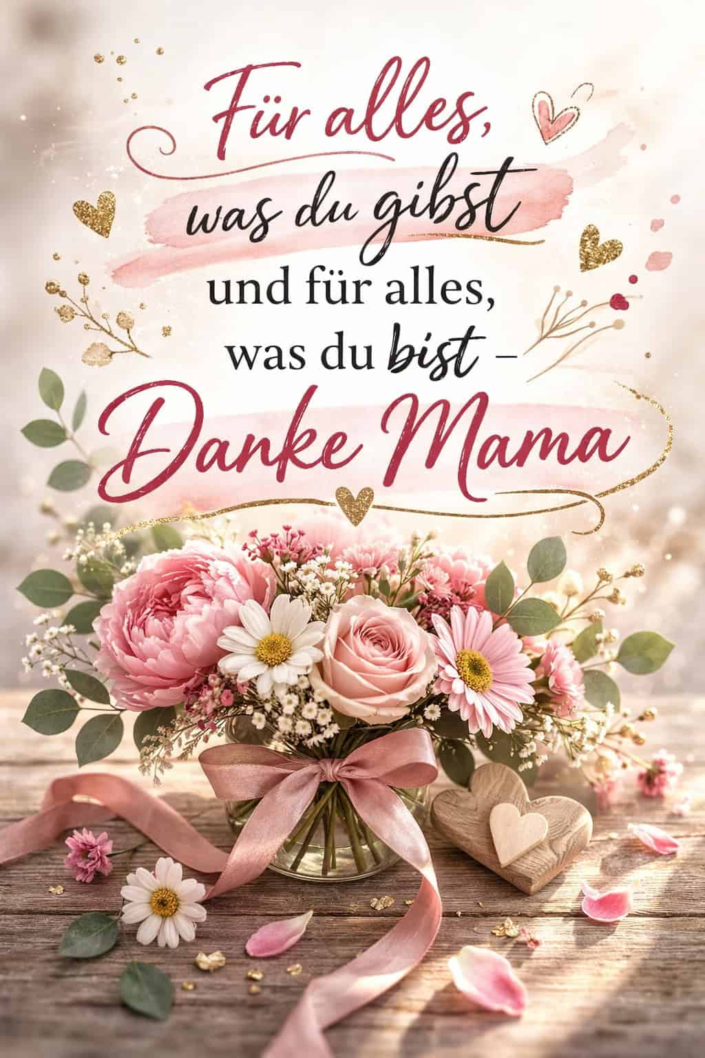 Ein Blumenstrauß in einer Vase steht auf einem Tisch. Darüber steht der Text „Danke Mama“ und ein Dank für alles, was sie gibt und ist.