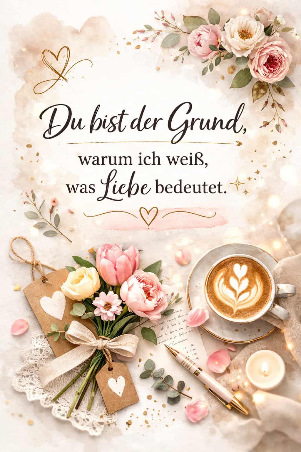 Ein dekoratives Bild mit Blumen, einer Kaffeetasse und kleinen Geschenken. Der Text lautet, dass die Mutter der Grund ist, warum man weiß, was Liebe bedeutet.