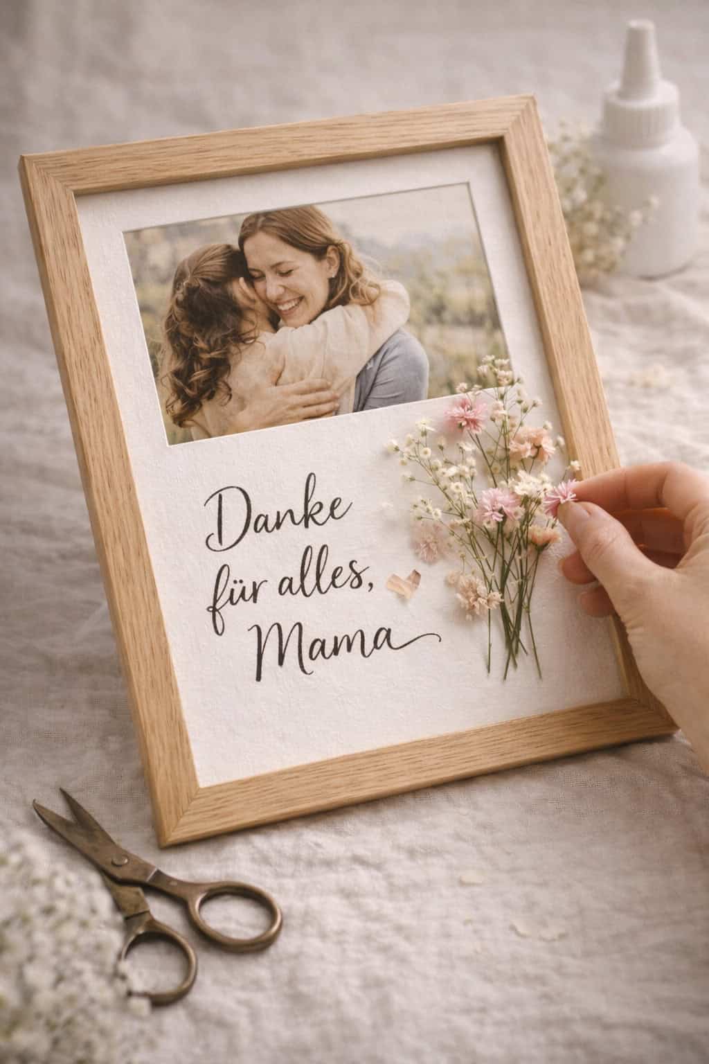 Muttertagsgeschenk mit personalisiertem Bilderrahmen, Foto und Trockenblumen.