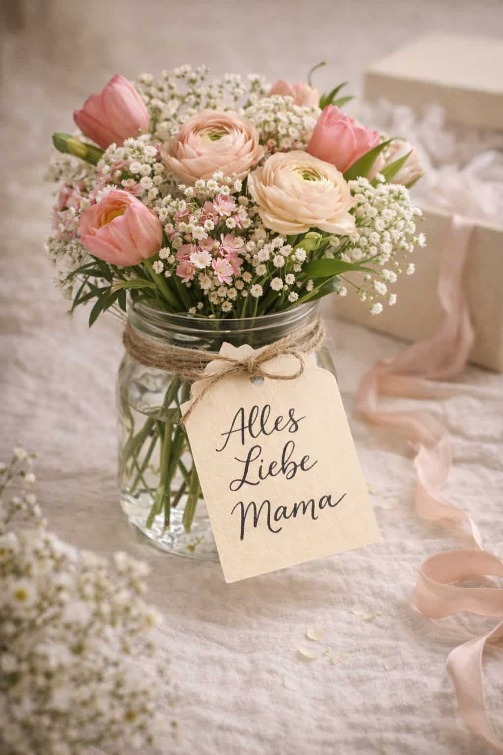 Muttertagsgeschenk Blumenstrauß im Glas mit Anhänger Alles Liebe Mama.