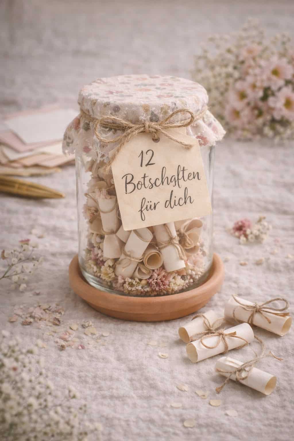 Muttertagsgeschenk Glas mit 12 Botschaften für Mama.