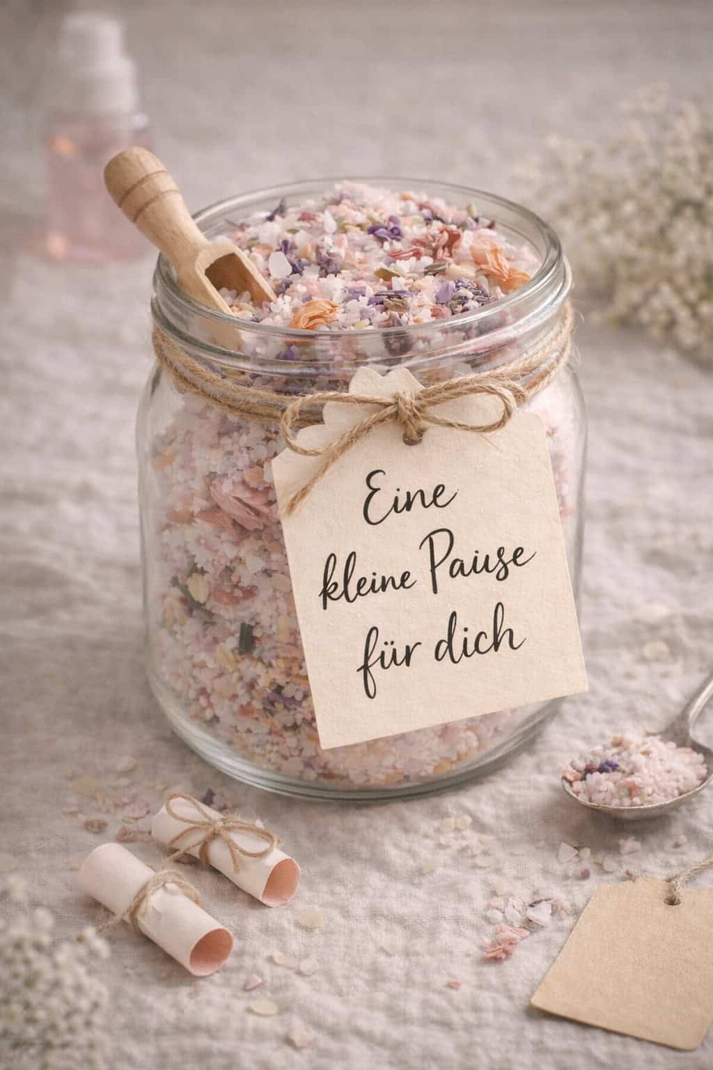 Muttertagsgeschenk DIY Badesalz im Glas mit Blüten.