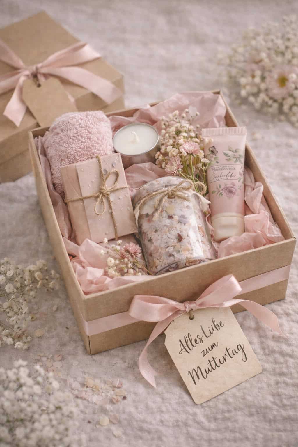 Muttertagsgeschenk Geschenkbox mit Badesalz, Kerze und Pflegeprodukten.