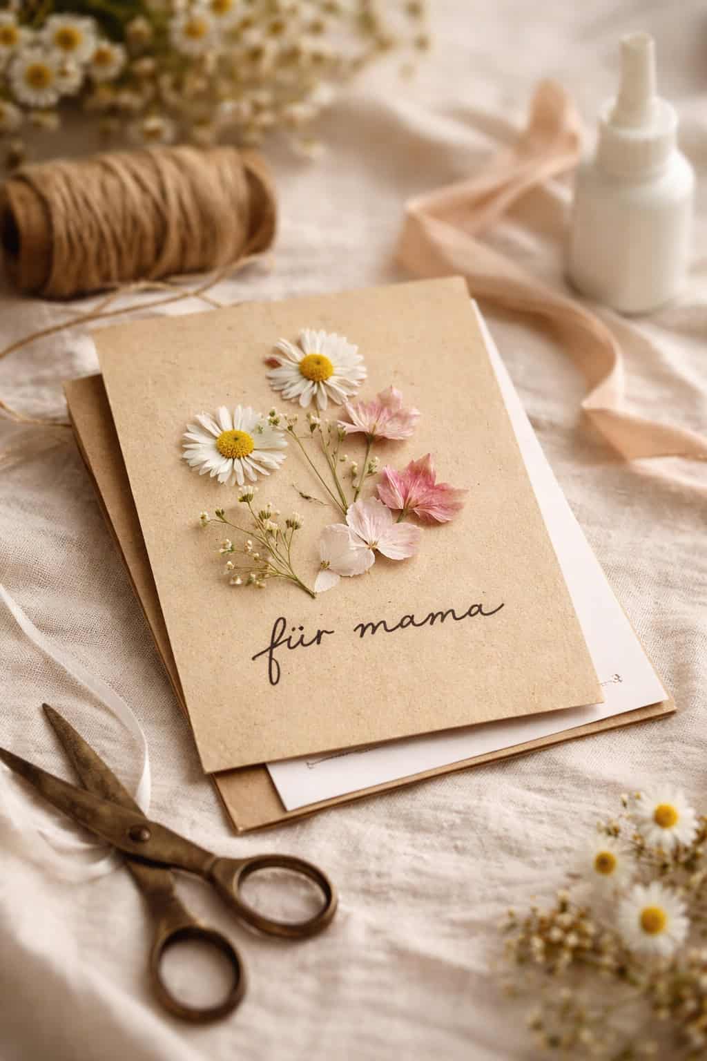 DIY Muttertagsgeschenk Karte mit Trockenblumen für Mama.