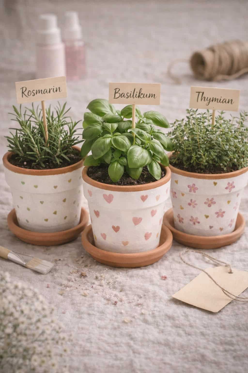 DIY Muttertagsgeschenk mit bemalten Kräutertöpfen Rosmarin, Basilikum und Thymian.