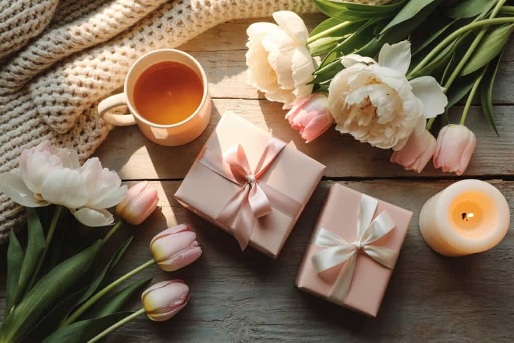 Flatlay auf einem rustikalen Holztisch mit zwei zart verpackten Geschenken in Blassrosa mit Satinschleifen, einer Tasse Tee, einer brennenden Kerze, weißen Pfingstrosen und rosa Tulpen sowie einer cremefarbenen Strickdecke im Hintergrund.