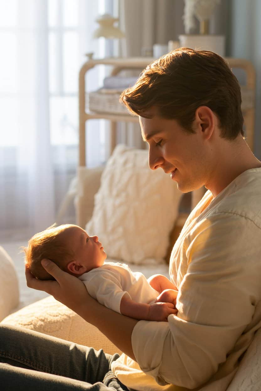 Junger Vater hält sein Baby liebevoll auf dem Arm in warmem Licht im Wohnzimmer.