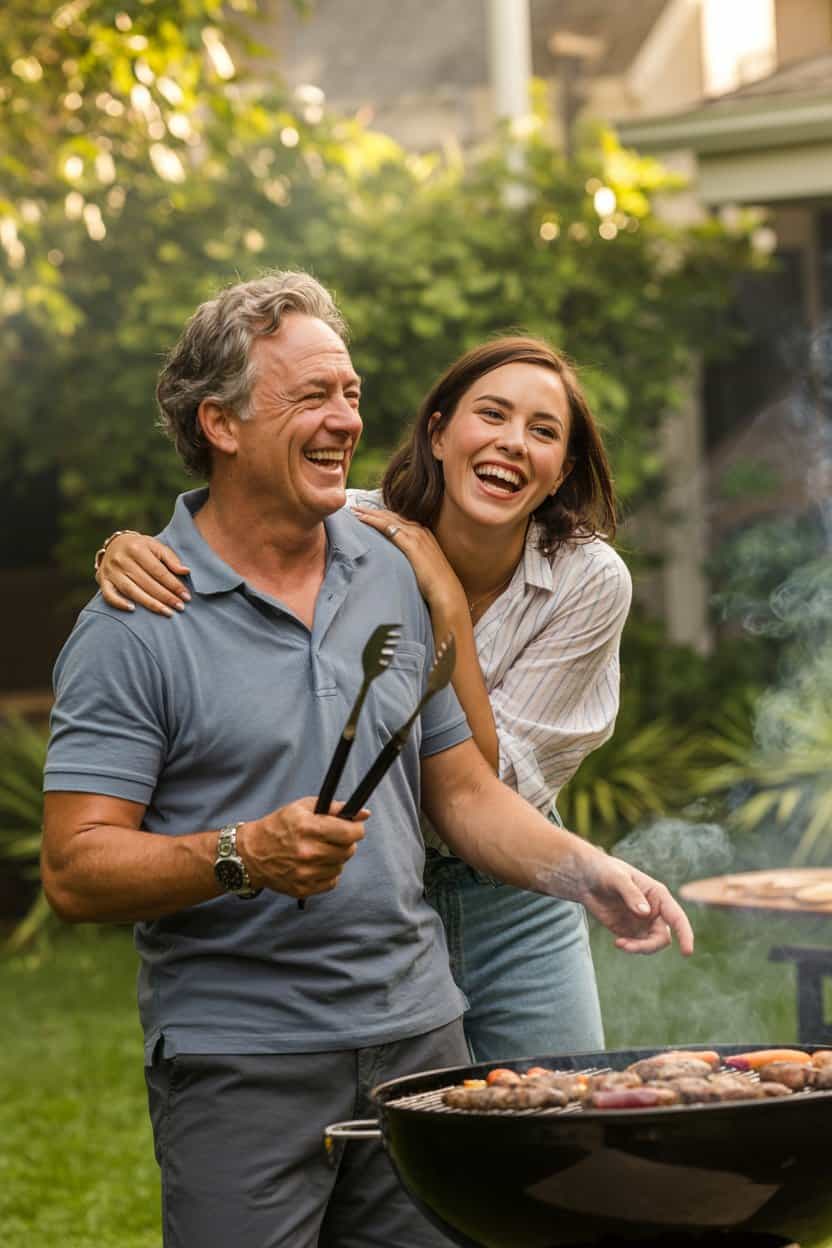 Lachender Vater mit Grillzange und erwachsene Tochter im Arm beim gemeinsamen Grillen im Garten.