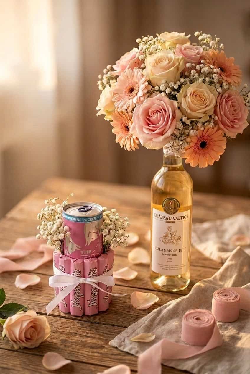 Kleine Geschenkidee für die Freundin mit Blumenstrauß, Flasche, Süßigkeiten und rosa Deko auf Holztisch