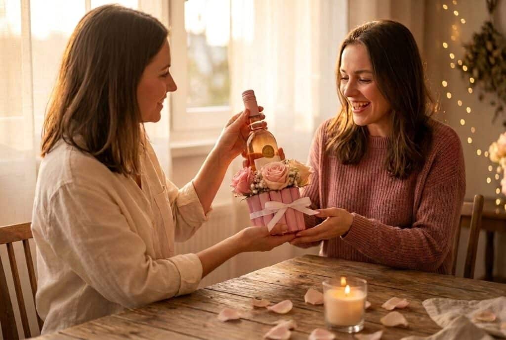 Frau überreicht ihrer Freundin ein kleines Geschenk mit Flasche, Blumen und Schleife an einem Holztisch