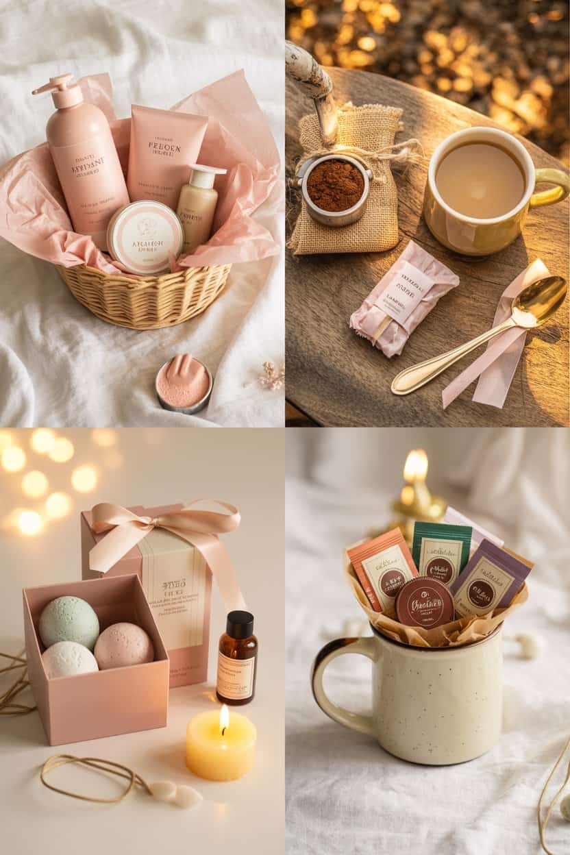 Collage mit kleinen Geschenkideen für die Freundin aus der Drogerie mit Pflegeprodukten, Badezusätzen, Kaffee und süßen Kleinigkeiten