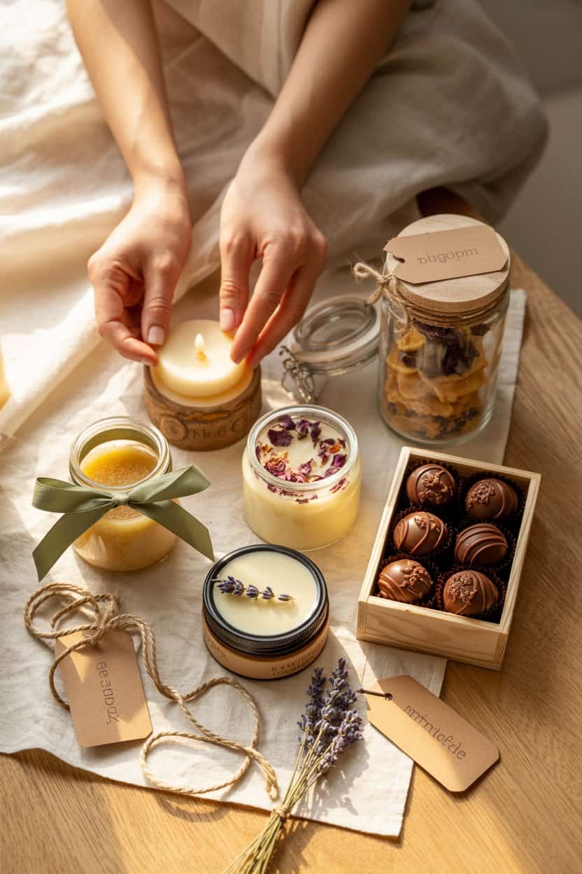 DIY kleines Geschenk für die Freundin mit Kerzen, Peeling, Lavendel und Pralinen auf hellem Stoff arrangiert