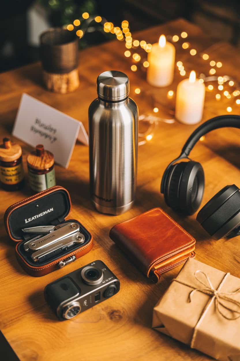 Männergeschenke auf einem Tisch schön arrangiert: Kamera, Portmone, Kopfhörer, Trinkflasche, Handwerker Tool. 