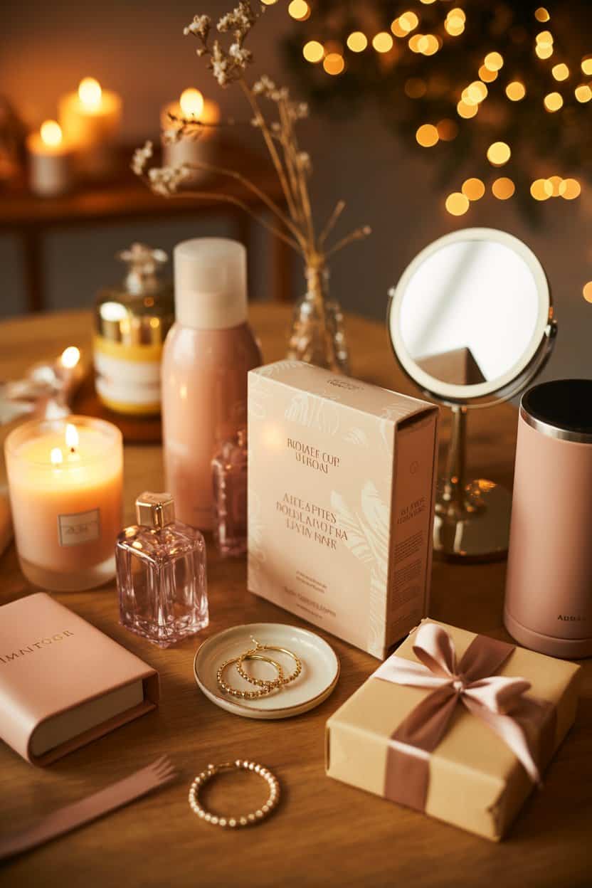 Geschenke für Frauen schön arrangiert auf einem Tisch - Kosmetikartikel, Parfüm, Kerzen, ein Spiegel und Schmuck. 